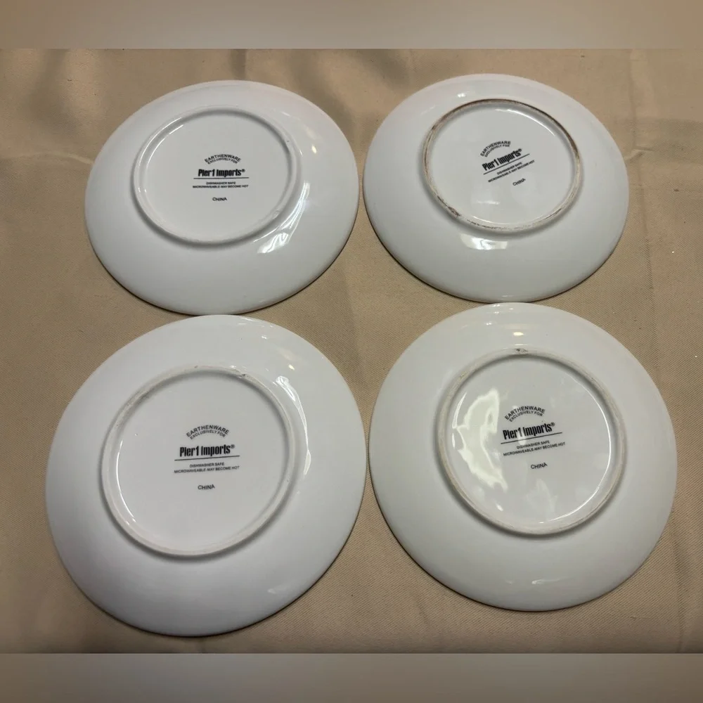 Pier 1 Imports Christmas Appetizer 4 Plates Holiday Theme 6” Santa, Snowman Flaw